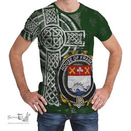 ScotsTee Shop Irish Franklin Coat of Arms Irish Family Crest T Shirt Irish Shamrock Celtic Cross Green T Shirt