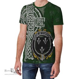 ScotsTee Shop Irish Forstall Coat of Arms Irish Family Crest T Shirt Irish Shamrock Celtic Cross Green T Shirt