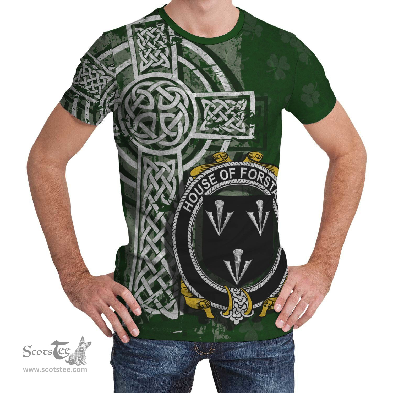 ScotsTee Shop Irish Forstall Coat of Arms Irish Family Crest T Shirt Irish Shamrock Celtic Cross Green T Shirt