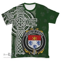 ScotsTee Shop Irish Gara or O'Gara Coat of Arms Irish Family Crest T Shirt Irish Shamrock Celtic Cross Green T Shirt