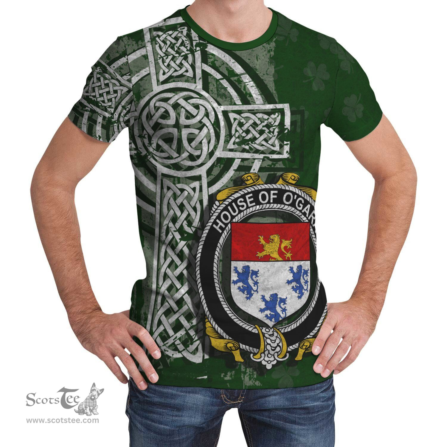ScotsTee Shop Irish Gara or O'Gara Coat of Arms Irish Family Crest T Shirt Irish Shamrock Celtic Cross Green T Shirt