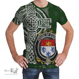 ScotsTee Shop Irish Gara or O'Gara Coat of Arms Irish Family Crest T Shirt Irish Shamrock Celtic Cross Green T Shirt