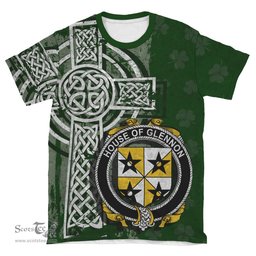 ScotsTee Shop Irish Glennon or Glenane Coat of Arms Irish Family Crest T Shirt Irish Shamrock Celtic Cross Green T Shirt