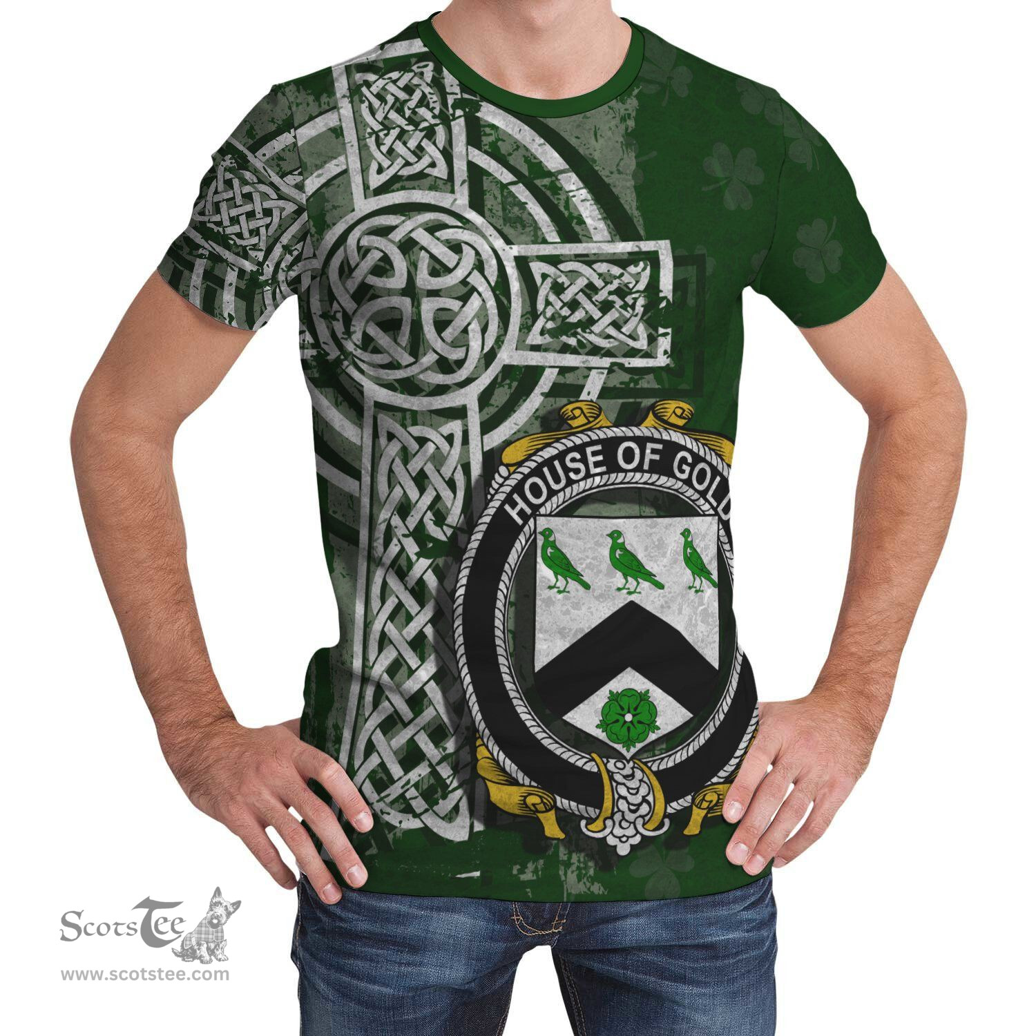 ScotsTee Shop Irish Gold Coat of Arms Irish Family Crest T Shirt Irish Shamrock Celtic Cross Green T Shirt