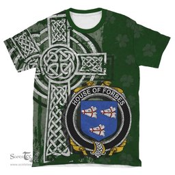ScotsTee Shop Irish Forbes Coat of Arms Irish Family Crest T Shirt Irish Shamrock Celtic Cross Green T Shirt