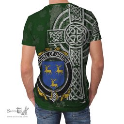 ScotsTee Shop Irish Greene Coat of Arms Irish Family Crest T Shirt Irish Shamrock Celtic Cross Green T Shirt