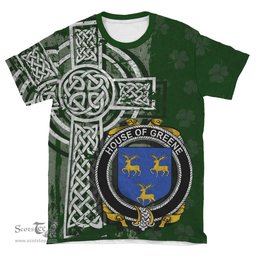 ScotsTee Shop Irish Greene Coat of Arms Irish Family Crest T Shirt Irish Shamrock Celtic Cross Green T Shirt