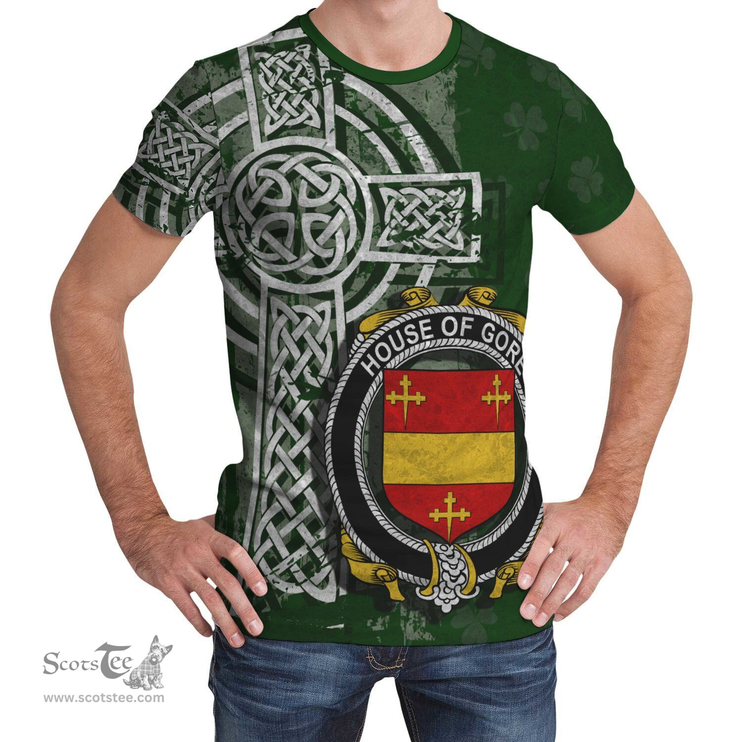 ScotsTee Shop Irish Gore Coat of Arms Irish Family Crest T Shirt Irish Shamrock Celtic Cross Green T Shirt