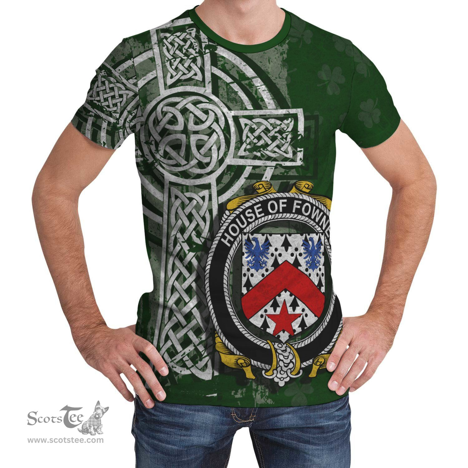 ScotsTee Shop Irish Fownes Coat of Arms Irish Family Crest T Shirt Irish Shamrock Celtic Cross Green T Shirt