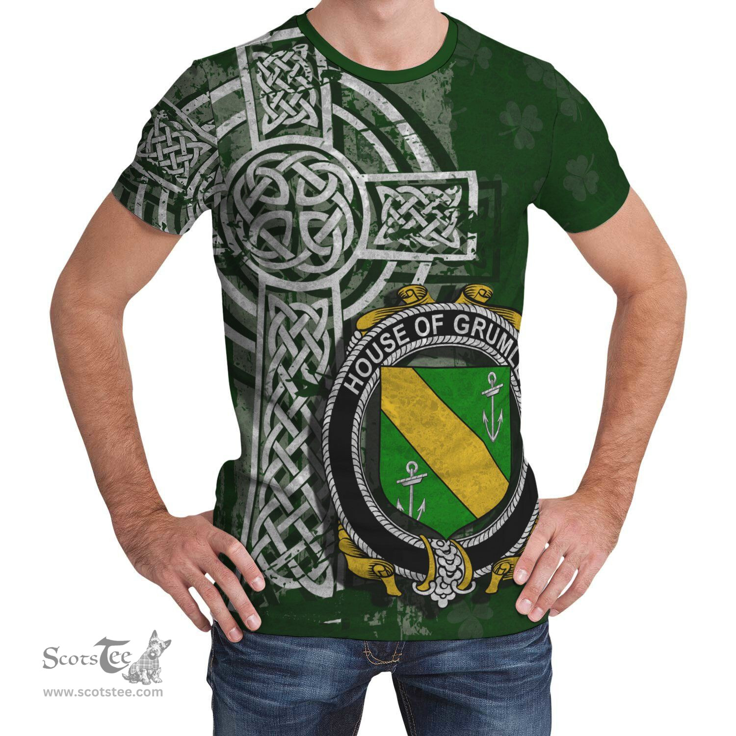ScotsTee Shop Irish Grumley Coat of Arms Irish Family Crest T Shirt Irish Shamrock Celtic Cross Green T Shirt