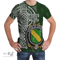 ScotsTee Shop Irish Grumley Coat of Arms Irish Family Crest T Shirt Irish Shamrock Celtic Cross Green T Shirt