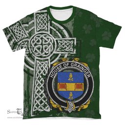 ScotsTee Shop Irish Grainger Coat of Arms Irish Family Crest T Shirt Irish Shamrock Celtic Cross Green T Shirt