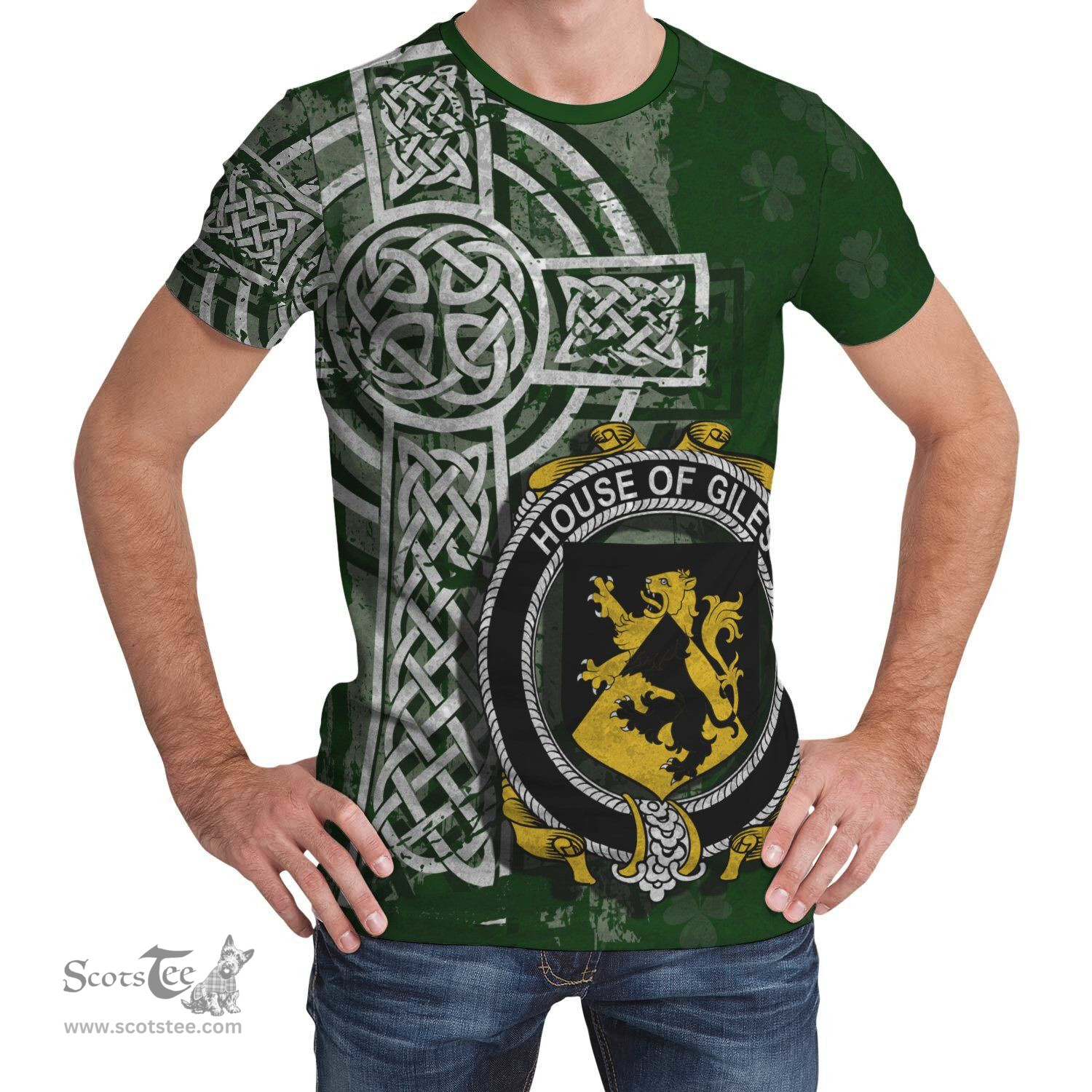 ScotsTee Shop Irish Giles or Gyles Coat of Arms Irish Family Crest T Shirt Irish Shamrock Celtic Cross Green T Shirt