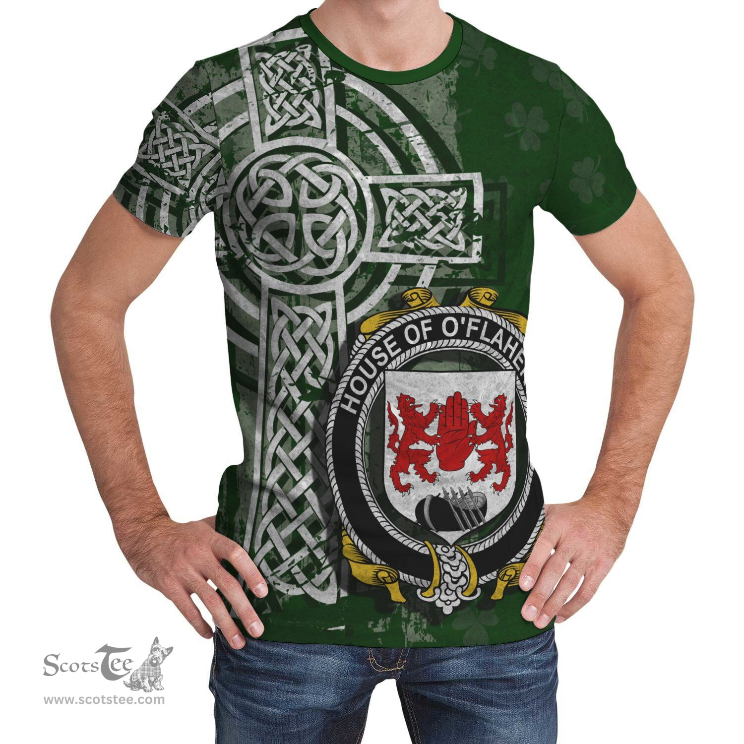 ScotsTee Shop Irish Flaherty or O'Flaherty Coat of Arms Irish Family Crest T Shirt Irish Shamrock Celtic Cross Green T Shirt