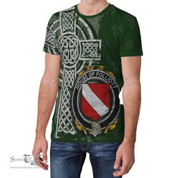 ScotsTee Shop Irish Folliott Coat of Arms Irish Family Crest T Shirt Irish Shamrock Celtic Cross Green T Shirt