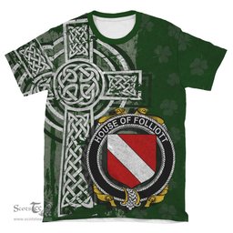 ScotsTee Shop Irish Folliott Coat of Arms Irish Family Crest T Shirt Irish Shamrock Celtic Cross Green T Shirt