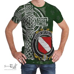 ScotsTee Shop Irish Folliott Coat of Arms Irish Family Crest T Shirt Irish Shamrock Celtic Cross Green T Shirt