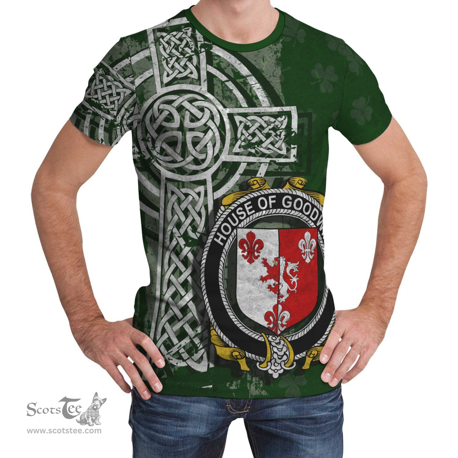 ScotsTee Shop Irish Goodwin Coat of Arms Irish Family Crest T Shirt Irish Shamrock Celtic Cross Green T Shirt