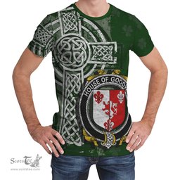 ScotsTee Shop Irish Goodwin Coat of Arms Irish Family Crest T Shirt Irish Shamrock Celtic Cross Green T Shirt