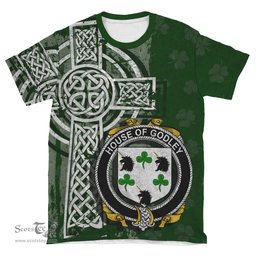 ScotsTee Shop Irish Godley Coat of Arms Irish Family Crest T Shirt Irish Shamrock Celtic Cross Green T Shirt