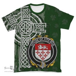 ScotsTee Shop Irish Fitz-Roe Coat of Arms Irish Family Crest T Shirt Irish Shamrock Celtic Cross Green T Shirt