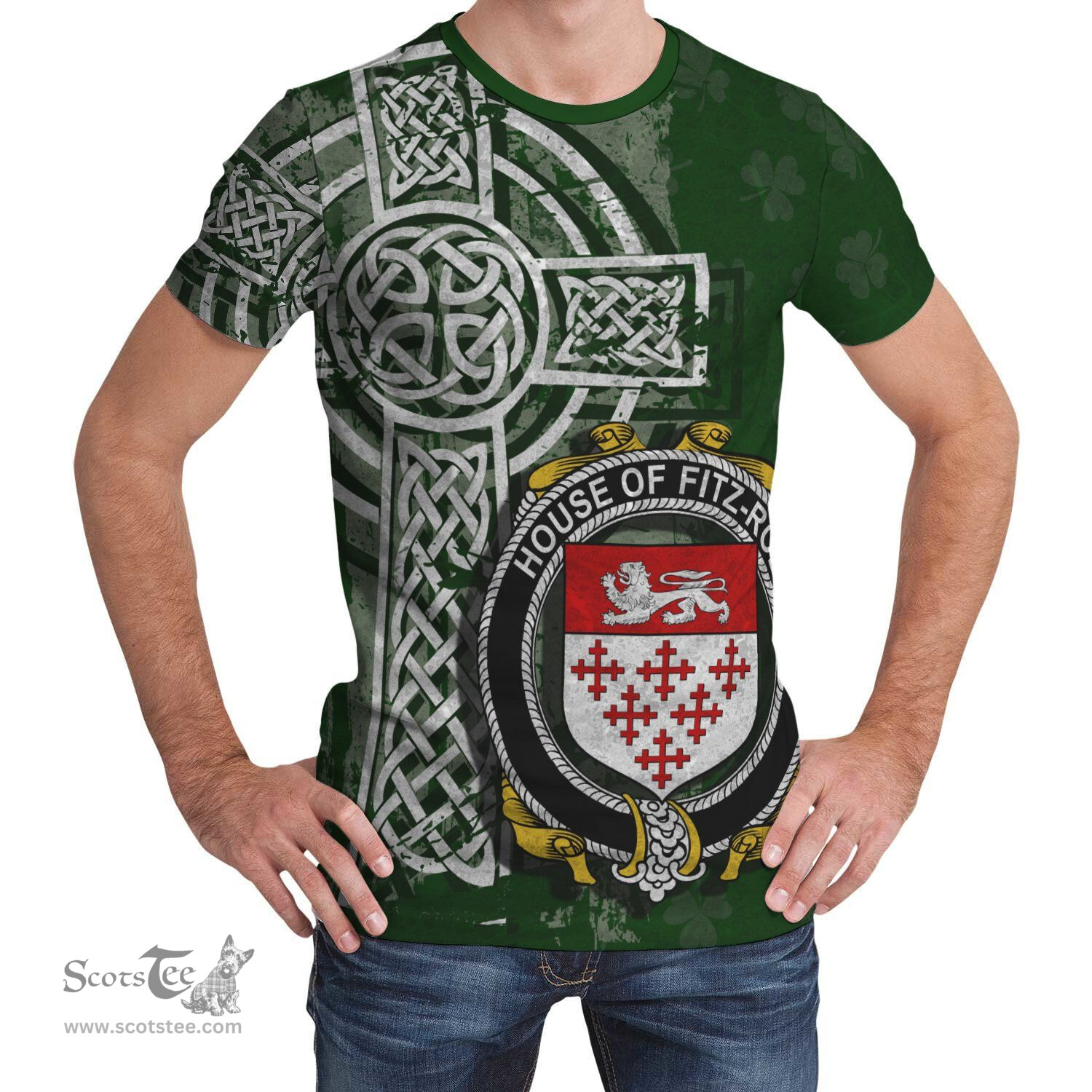 ScotsTee Shop Irish Fitz-Roe Coat of Arms Irish Family Crest T Shirt Irish Shamrock Celtic Cross Green T Shirt
