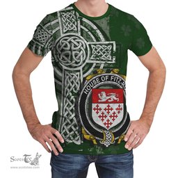 ScotsTee Shop Irish Fitz-Roe Coat of Arms Irish Family Crest T Shirt Irish Shamrock Celtic Cross Green T Shirt