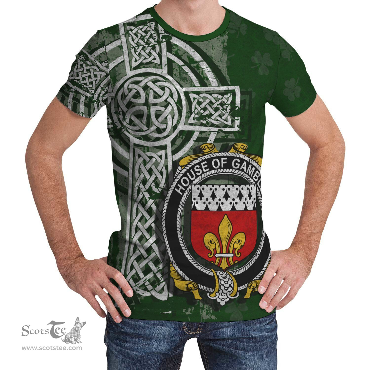 ScotsTee Shop Irish Gamble Coat of Arms Irish Family Crest T Shirt Irish Shamrock Celtic Cross Green T Shirt