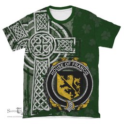 ScotsTee Shop Irish Francis Coat of Arms Irish Family Crest T Shirt Irish Shamrock Celtic Cross Green T Shirt