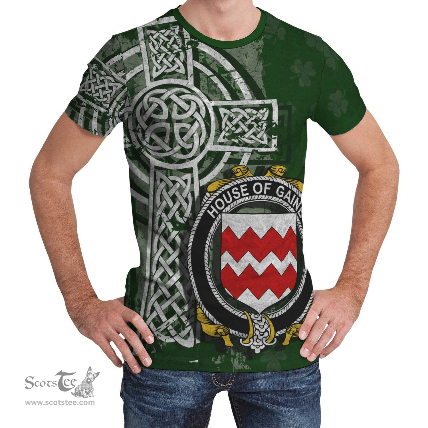 ScotsTee Shop Irish Gaine or Gainey Coat of Arms Irish Family Crest T Shirt Irish Shamrock Celtic Cross Green T Shirt