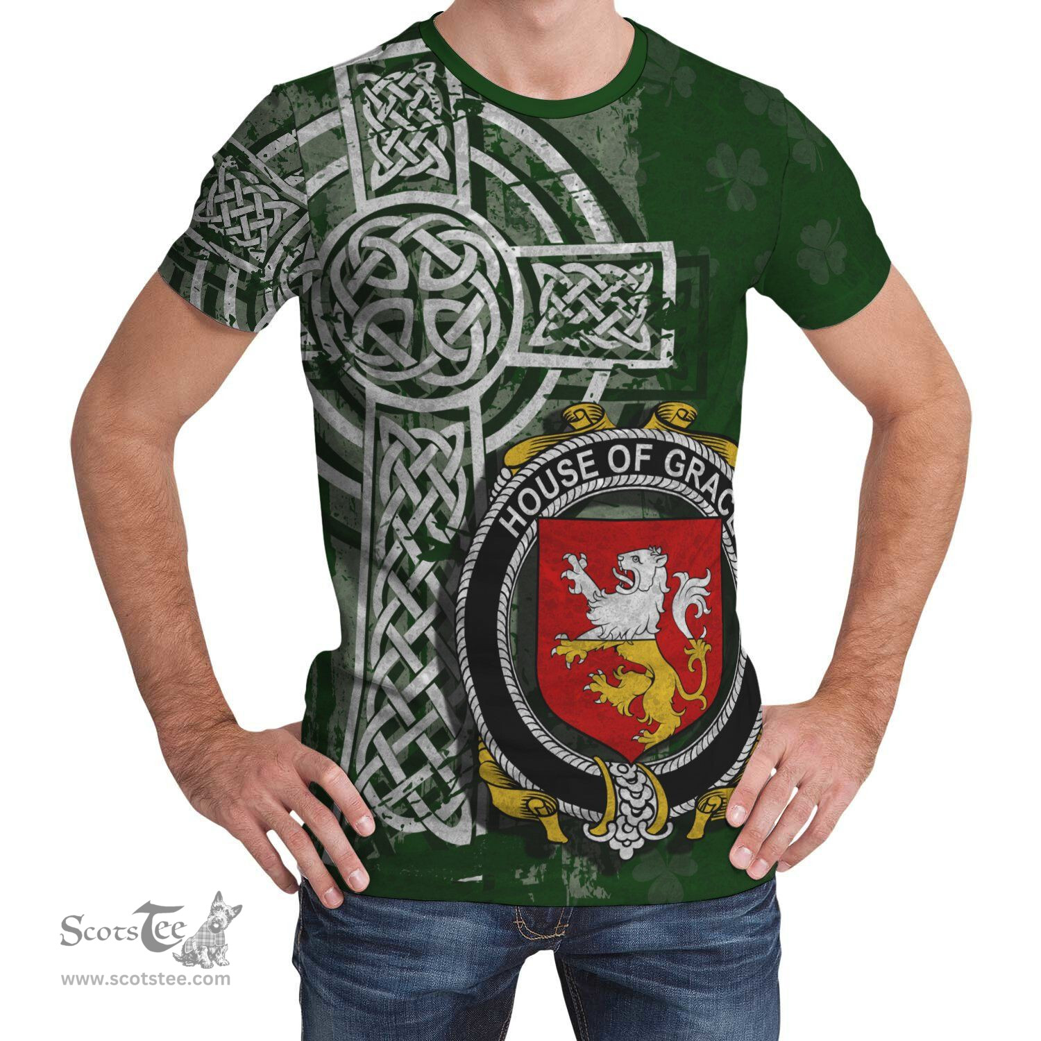 ScotsTee Shop Irish Grace Coat of Arms Irish Family Crest T Shirt Irish Shamrock Celtic Cross Green T Shirt