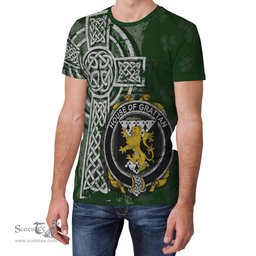 ScotsTee Shop Irish Grattan or McGrattan Coat of Arms Irish Family Crest T Shirt Irish Shamrock Celtic Cross Green T Shirt