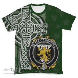 ScotsTee Shop Irish Grattan or McGrattan Coat of Arms Irish Family Crest T Shirt Irish Shamrock Celtic Cross Green T Shirt