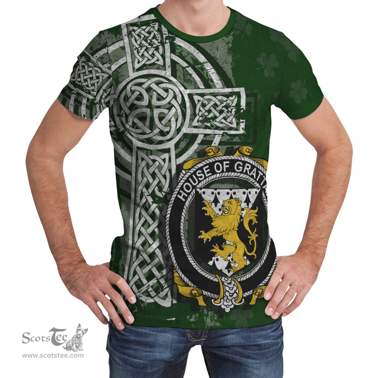 ScotsTee Shop Irish Grattan or McGrattan Coat of Arms Irish Family Crest T Shirt Irish Shamrock Celtic Cross Green T Shirt