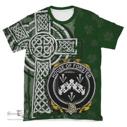 ScotsTee Shop Irish Forster Coat of Arms Irish Family Crest T Shirt Irish Shamrock Celtic Cross Green T Shirt