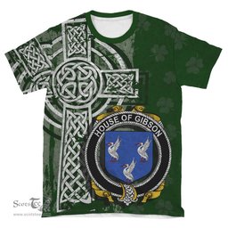 ScotsTee Shop Irish Gibson Coat of Arms Irish Family Crest T Shirt Irish Shamrock Celtic Cross Green T Shirt