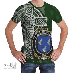 ScotsTee Shop Irish Gibson Coat of Arms Irish Family Crest T Shirt Irish Shamrock Celtic Cross Green T Shirt