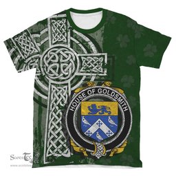 ScotsTee Shop Irish Goldsmith Coat of Arms Irish Family Crest T Shirt Irish Shamrock Celtic Cross Green T Shirt