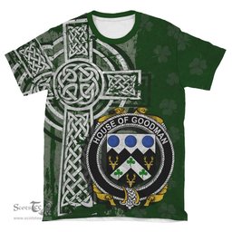 ScotsTee Shop Irish Goodman Coat of Arms Irish Family Crest T Shirt Irish Shamrock Celtic Cross Green T Shirt