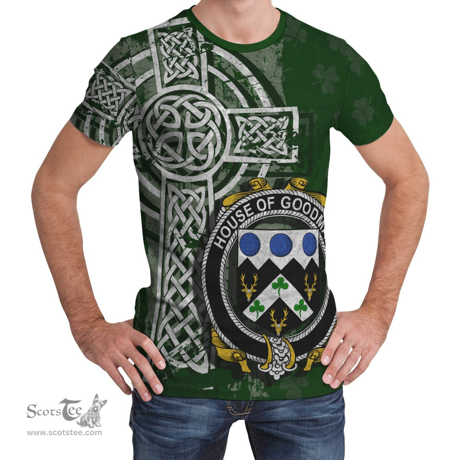 ScotsTee Shop Irish Goodman Coat of Arms Irish Family Crest T Shirt Irish Shamrock Celtic Cross Green T Shirt