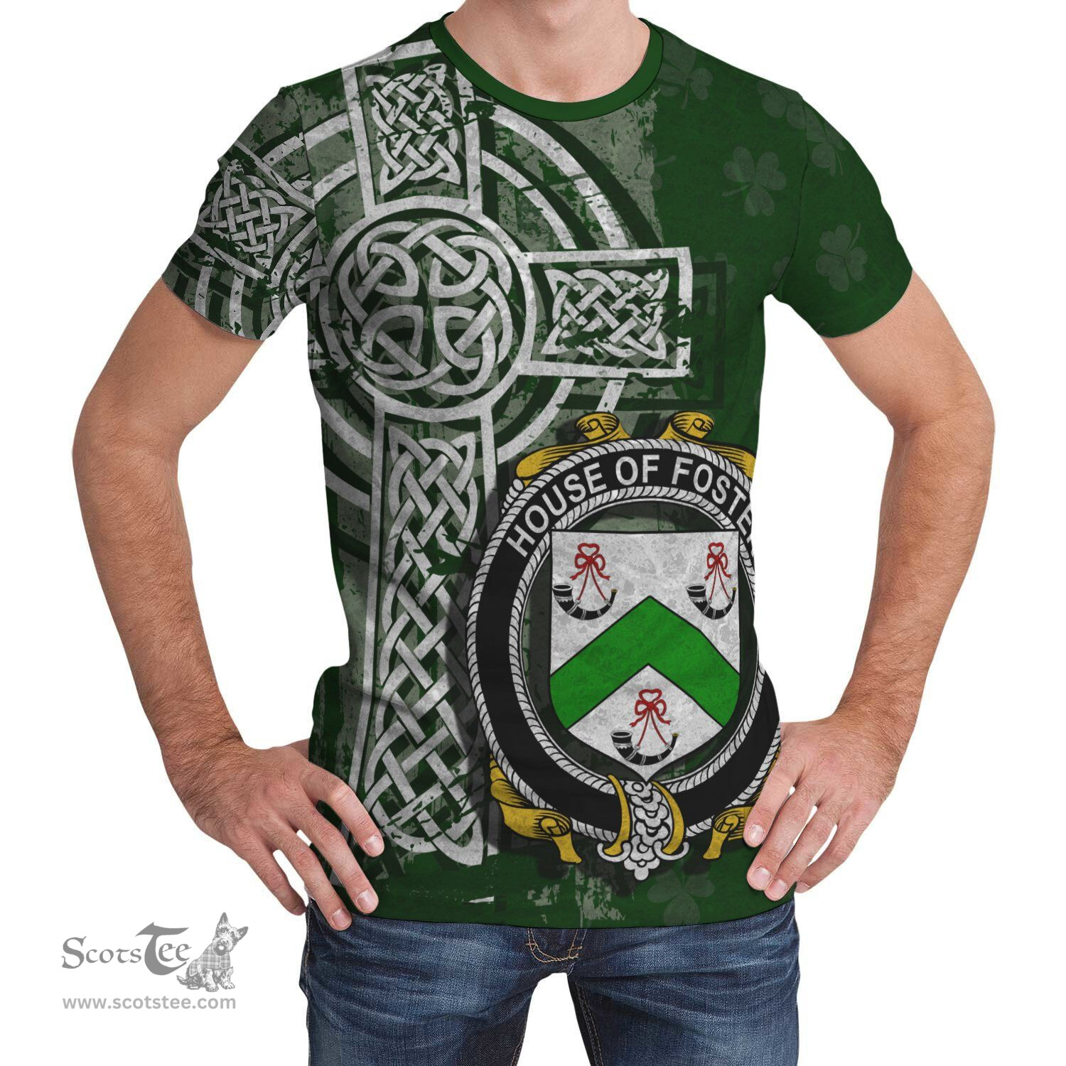 ScotsTee Shop Irish Foster Coat of Arms Irish Family Crest T Shirt Irish Shamrock Celtic Cross Green T Shirt