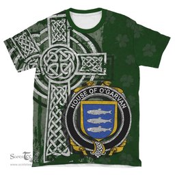 ScotsTee Shop Irish Garvan or O'Garvan Coat of Arms Irish Family Crest T Shirt Irish Shamrock Celtic Cross Green T Shirt