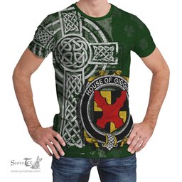 ScotsTee Shop Irish Giggins Coat of Arms Irish Family Crest T Shirt Irish Shamrock Celtic Cross Green T Shirt