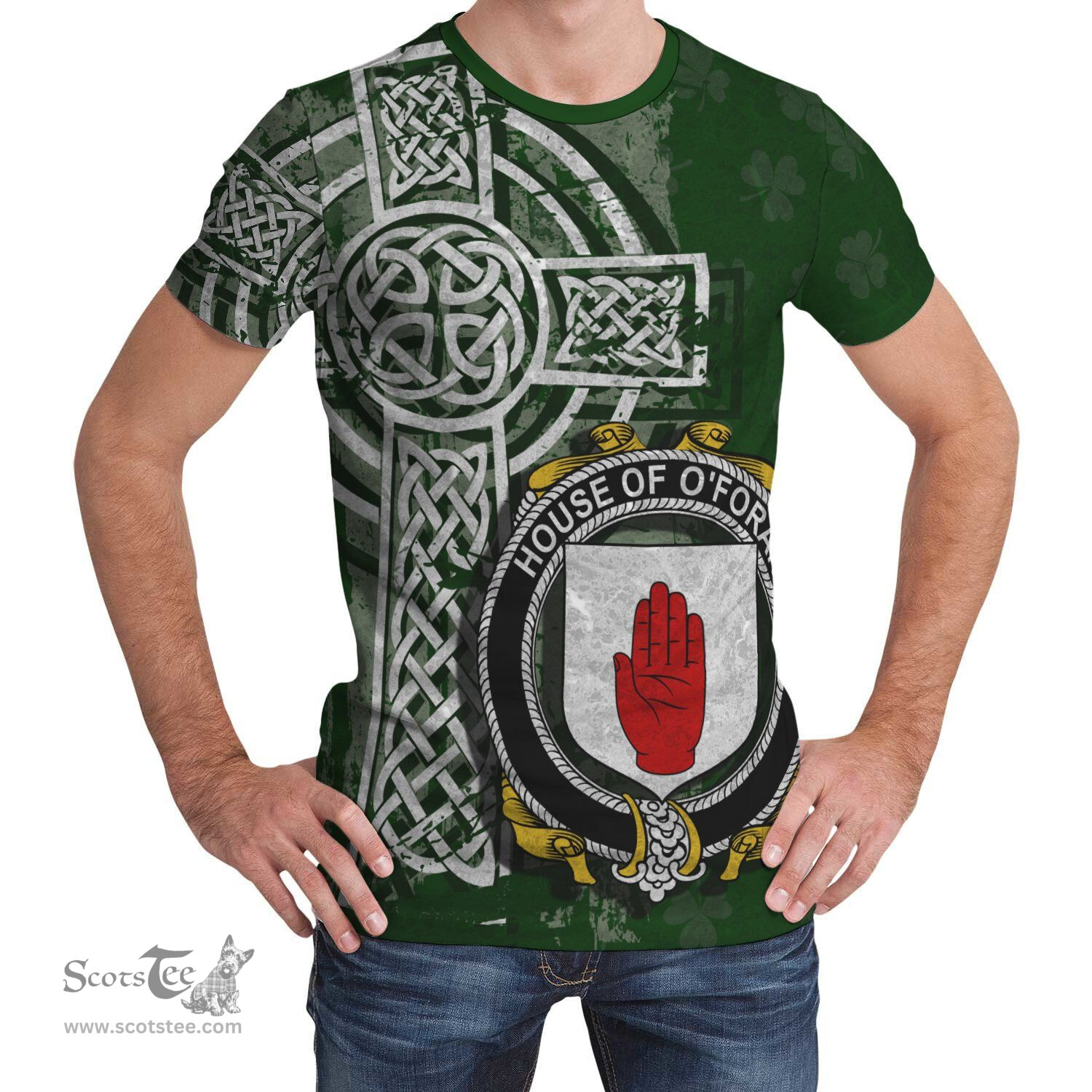 ScotsTee Shop Irish Foran or O'Foran Coat of Arms Irish Family Crest T Shirt Irish Shamrock Celtic Cross Green T Shirt