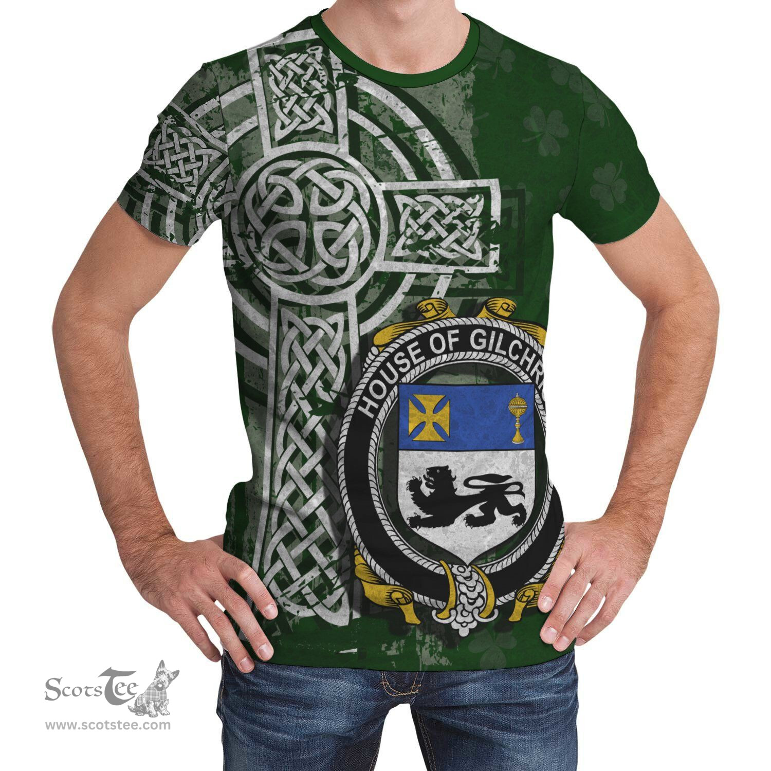 ScotsTee Shop Irish Gilchrist or McGilchrist Coat of Arms Irish Family Crest T Shirt Irish Shamrock Celtic Cross Green T Shirt