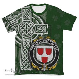 ScotsTee Shop Irish Fitz-Simons Coat of Arms Irish Family Crest T Shirt Irish Shamrock Celtic Cross Green T Shirt