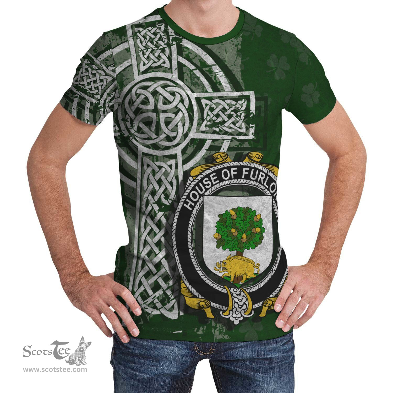 ScotsTee Shop Irish Furlong Coat of Arms Irish Family Crest T Shirt Irish Shamrock Celtic Cross Green T Shirt
