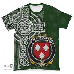 ScotsTee Shop Irish Freeman Coat of Arms Irish Family Crest T Shirt Irish Shamrock Celtic Cross Green T Shirt