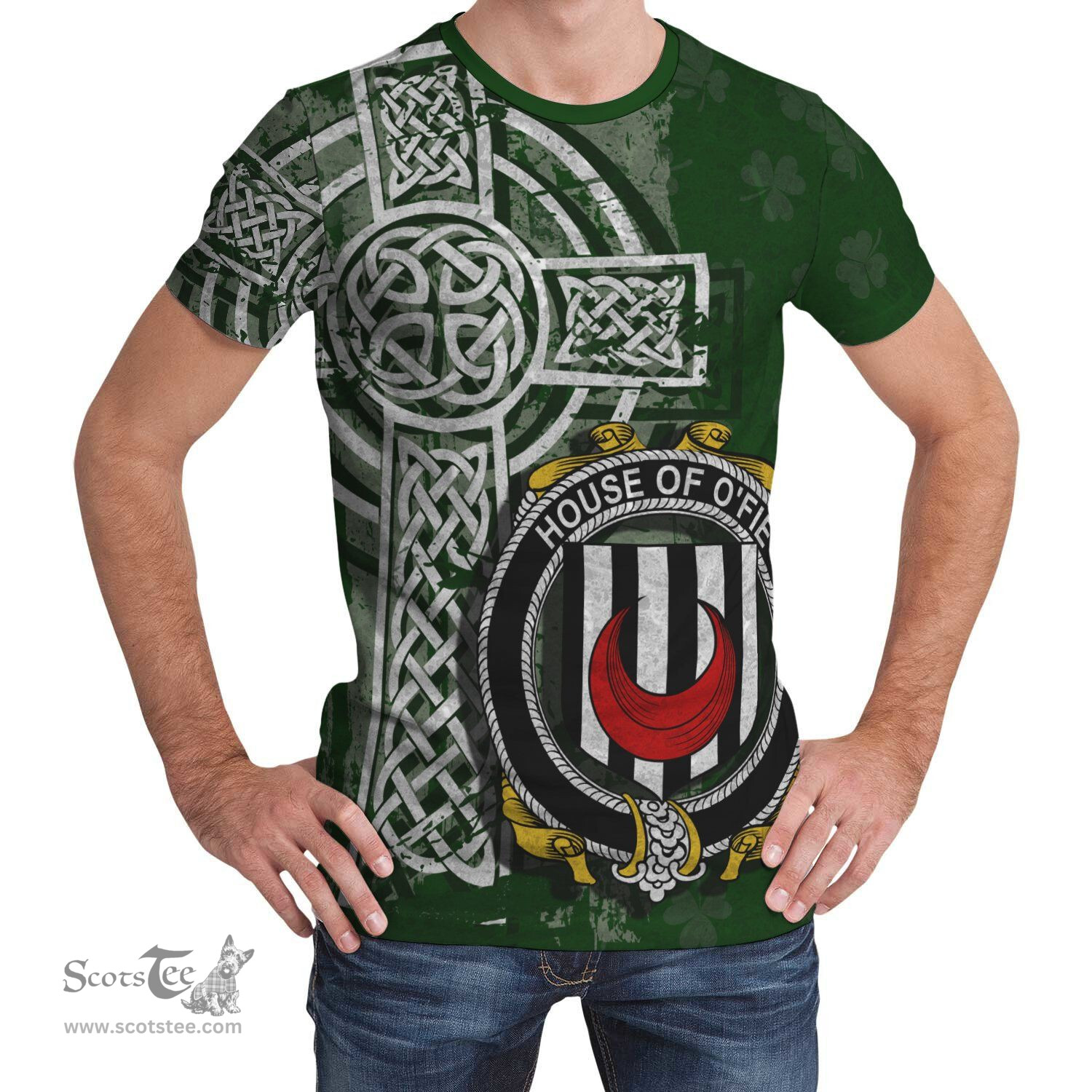 ScotsTee Shop Irish Foy or O'Fie Coat of Arms Irish Family Crest T Shirt Irish Shamrock Celtic Cross Green T Shirt
