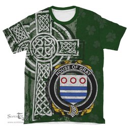 ScotsTee Shop Irish Gray Coat of Arms Irish Family Crest T Shirt Irish Shamrock Celtic Cross Green T Shirt